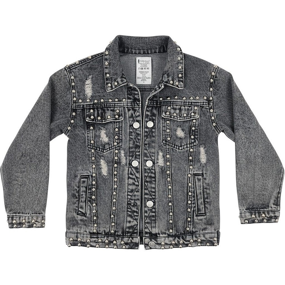 Fornia Los Angeles Kids Gray Acid Wash Studded Distressed Denim Jacket Medium 10
